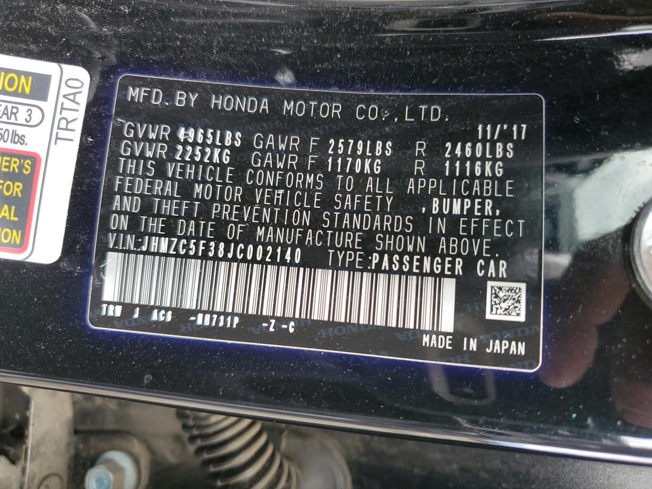 Photo 11 VIN: JHMZC5F38JC002140 - HONDA CLARITY 