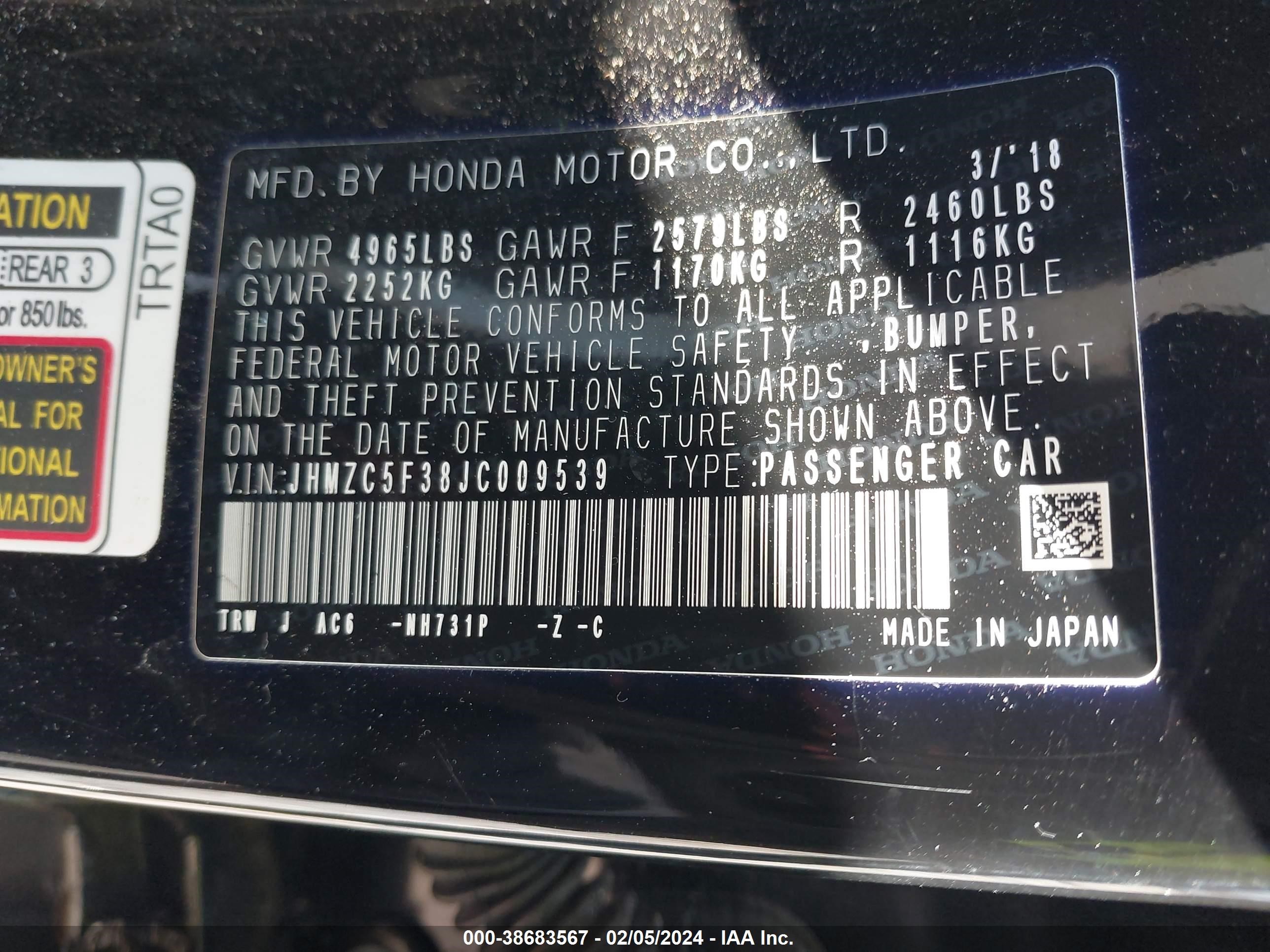 Photo 8 VIN: JHMZC5F38JC009539 - HONDA CLARITY 