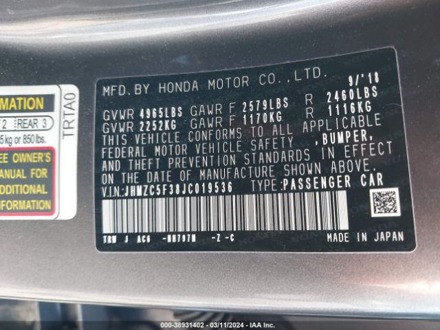 Photo 8 VIN: JHMZC5F38JC019536 - HONDA CLARITY PLUG-IN HYBRID 