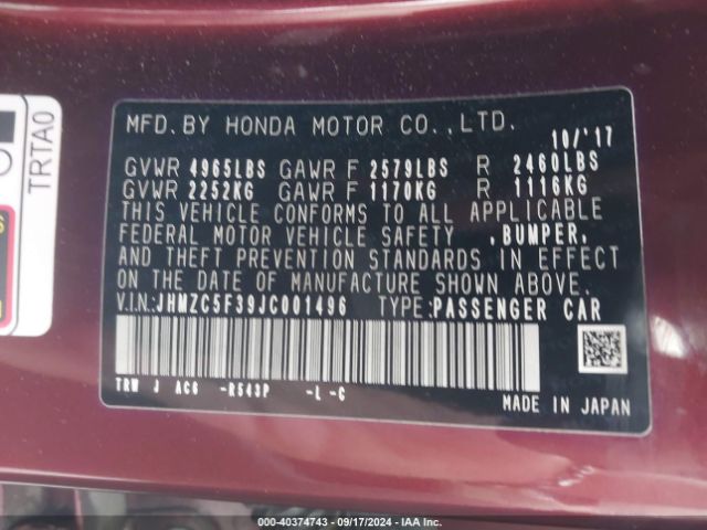 Photo 8 VIN: JHMZC5F39JC001496 - HONDA CLARITY 