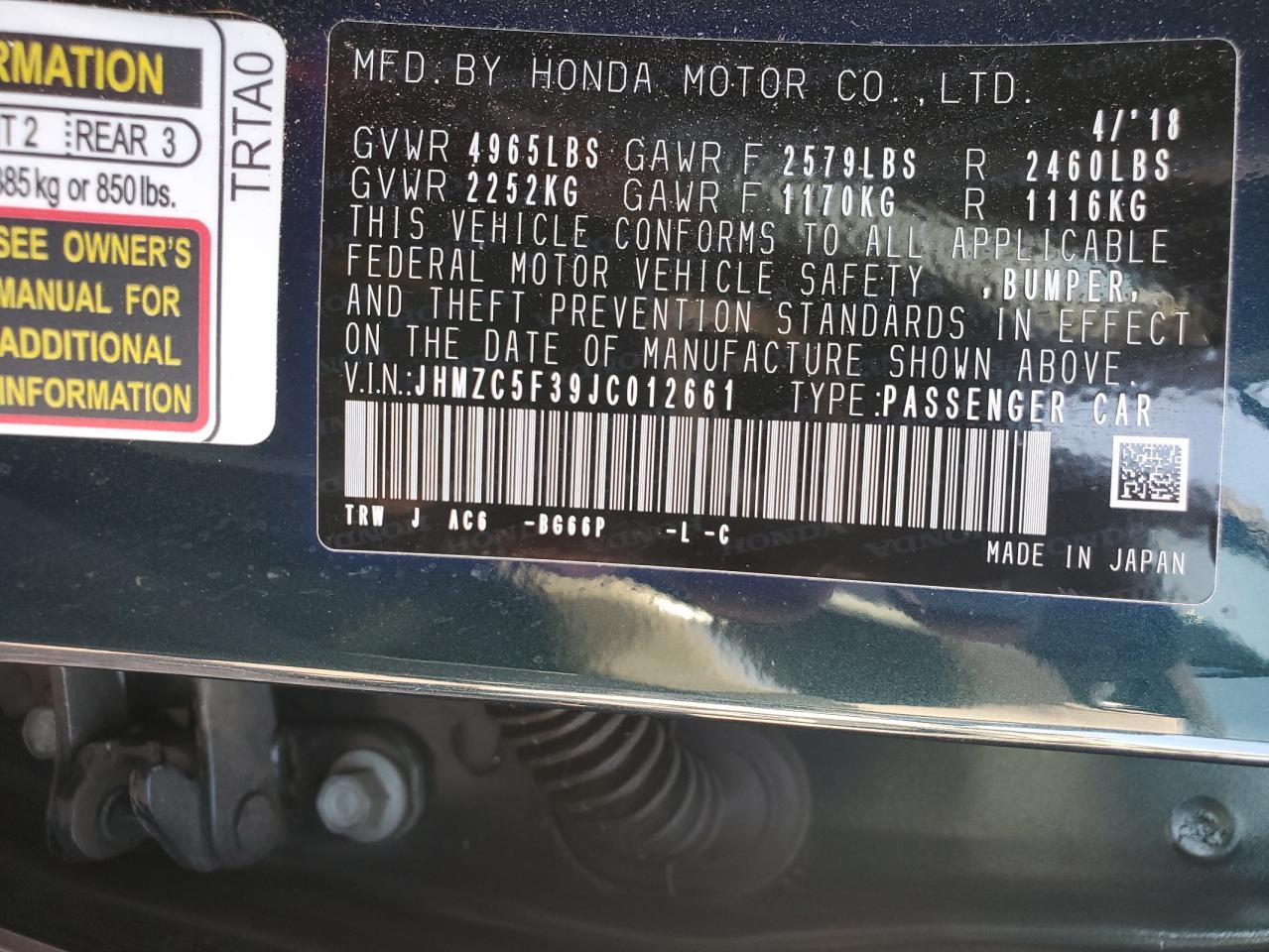 Photo 11 VIN: JHMZC5F39JC012661 - HONDA CLARITY 