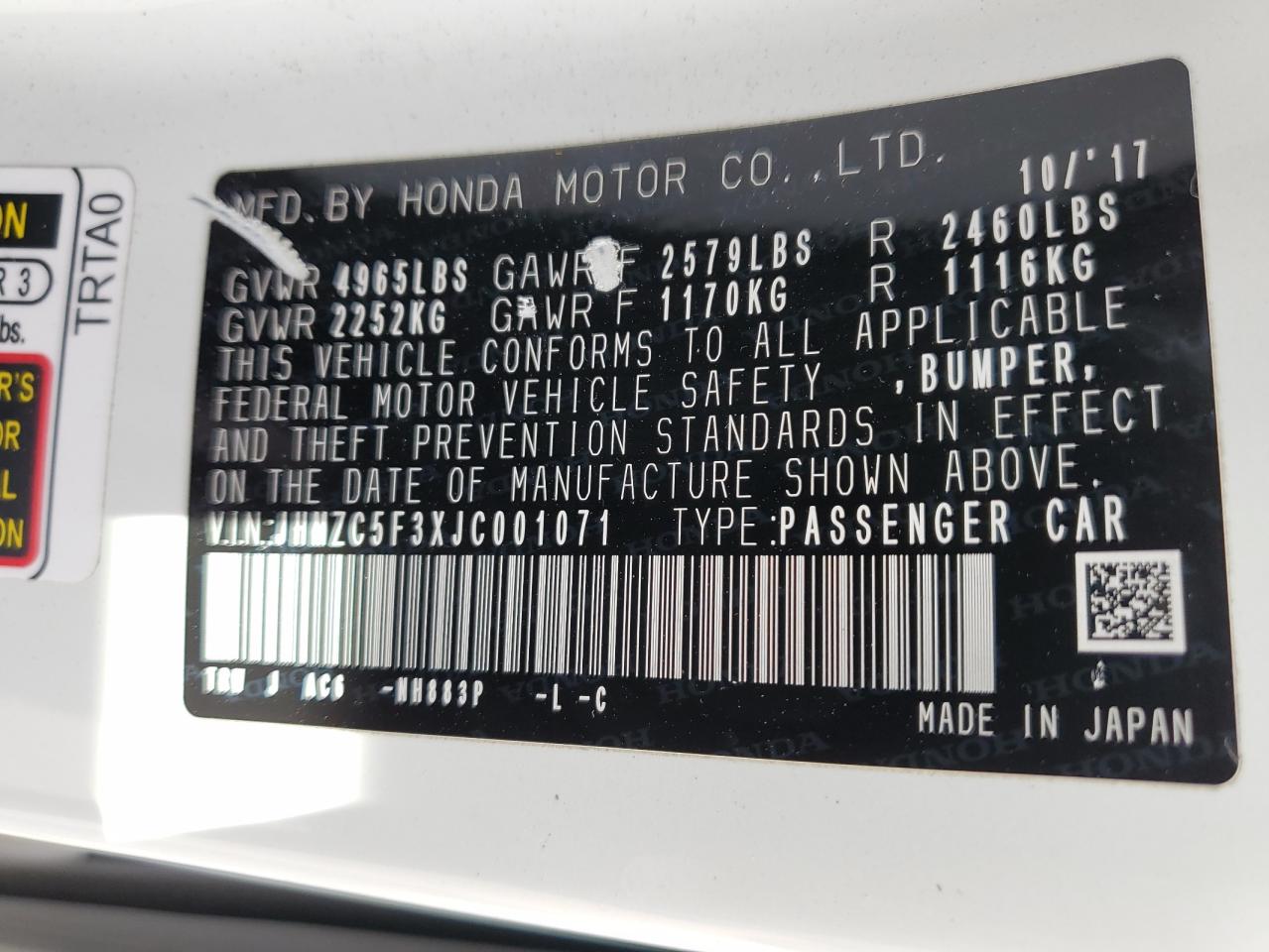 Photo 12 VIN: JHMZC5F3XJC001071 - HONDA CLARITY 