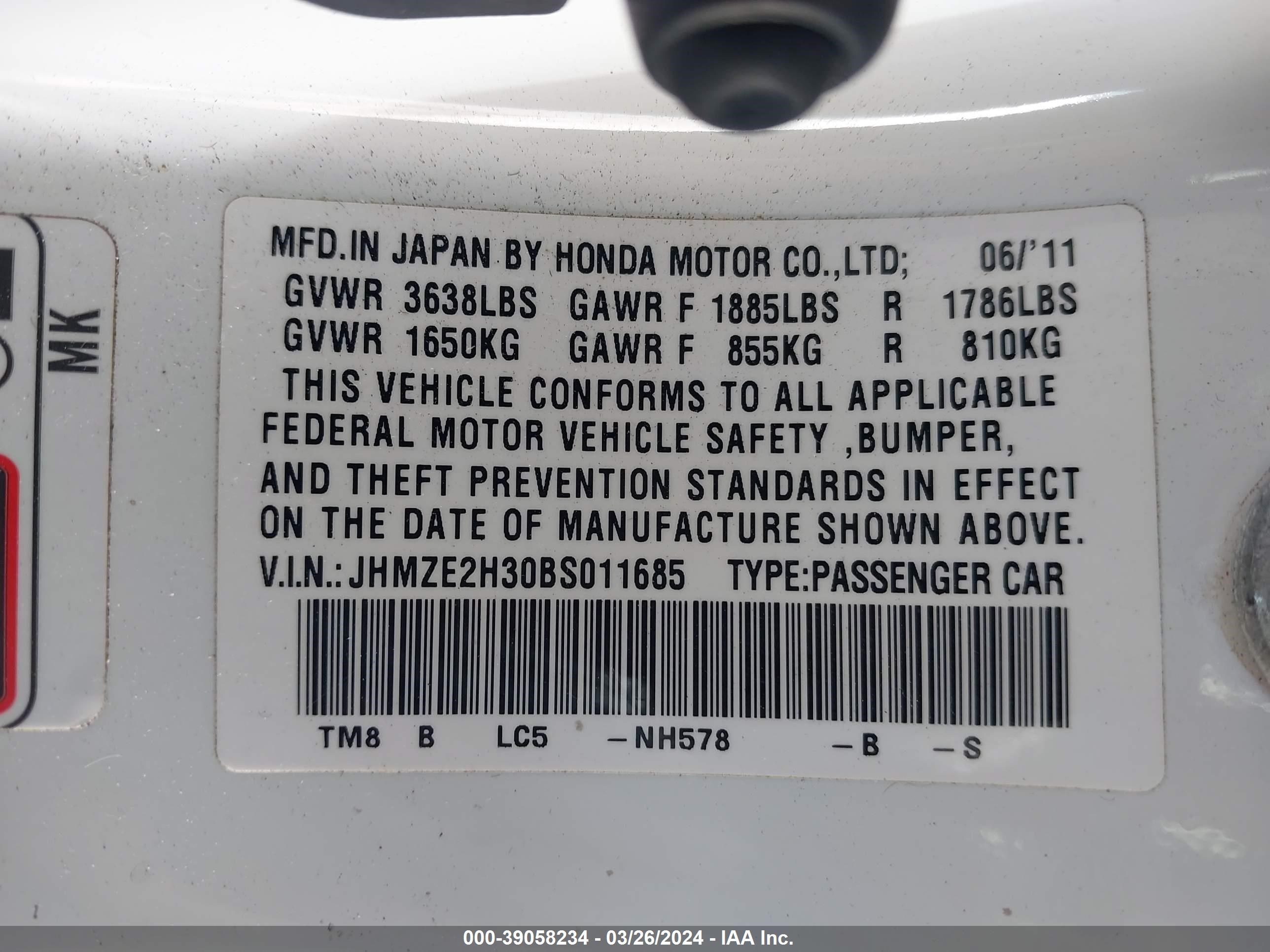 Photo 8 VIN: JHMZE2H30BS011685 - HONDA INSIGHT 