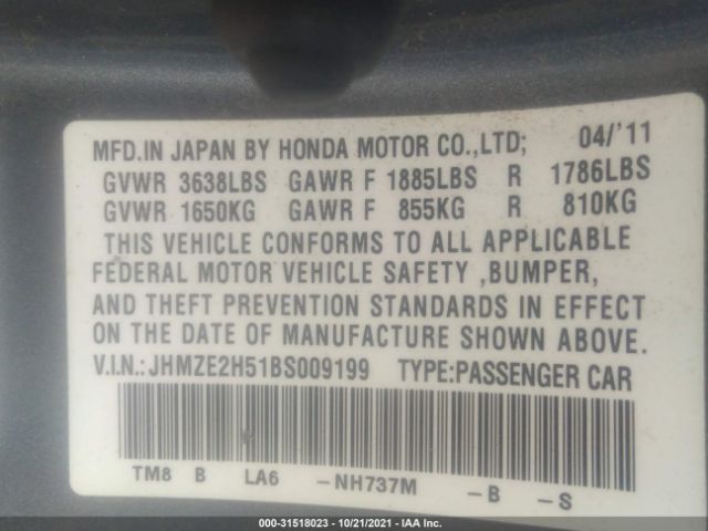 Photo 8 VIN: JHMZE2H51BS009199 - HONDA INSIGHT 