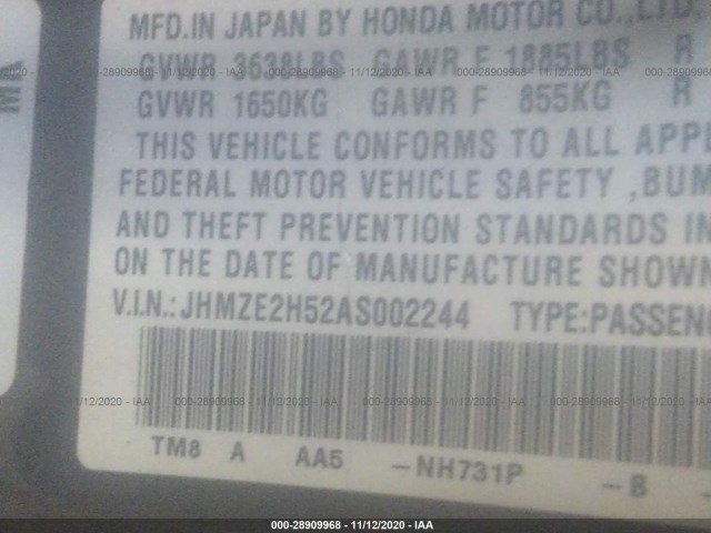 Photo 8 VIN: JHMZE2H52AS002244 - HONDA INSIGHT 