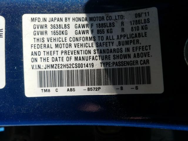 Photo 9 VIN: JHMZE2H52CS001419 - HONDA INSIGHT LX 