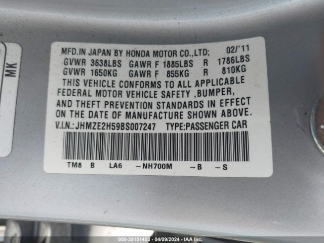 Photo 8 VIN: JHMZE2H59BS007247 - HONDA INSIGHT 