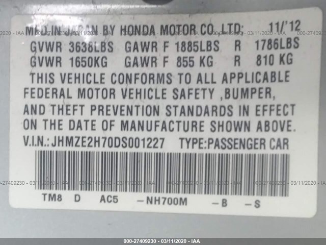 Photo 8 VIN: JHMZE2H70DS001227 - HONDA INSIGHT 