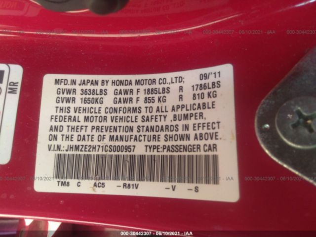 Photo 8 VIN: JHMZE2H71CS000957 - HONDA INSIGHT 