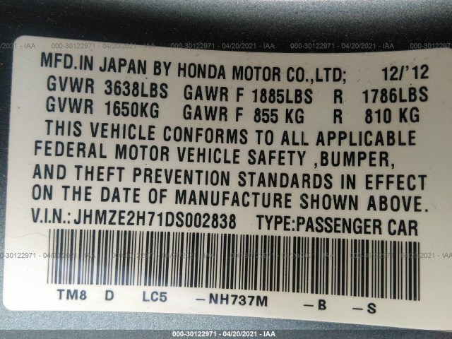 Photo 8 VIN: JHMZE2H71DS002838 - HONDA INSIGHT 