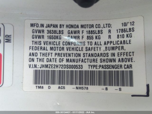 Photo 8 VIN: JHMZE2H72DS000533 - HONDA INSIGHT 