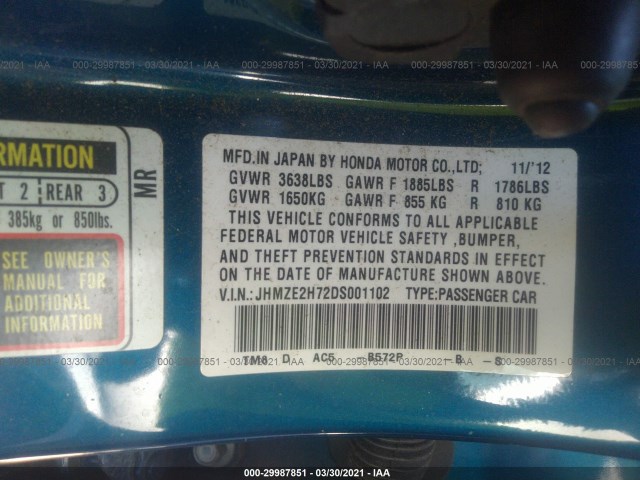 Photo 8 VIN: JHMZE2H72DS001102 - HONDA INSIGHT 