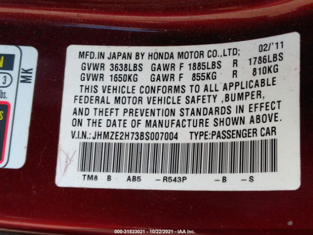 Photo 8 VIN: JHMZE2H73BS007004 - HONDA INSIGHT 