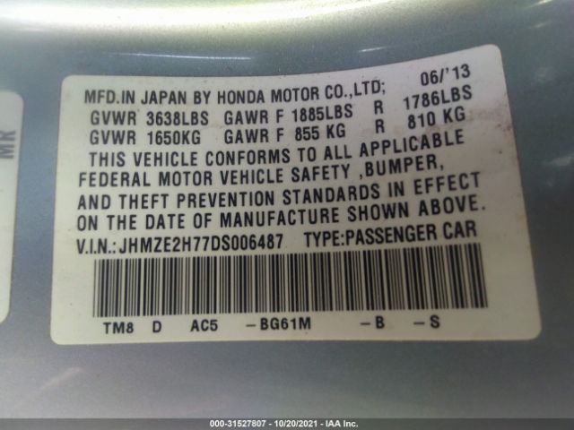 Photo 8 VIN: JHMZE2H77DS006487 - HONDA INSIGHT 