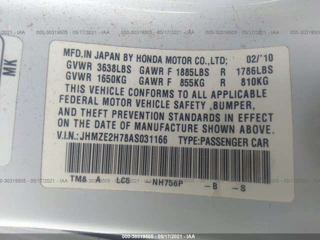 Photo 8 VIN: JHMZE2H78AS031166 - HONDA INSIGHT 