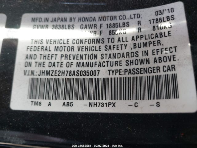 Photo 8 VIN: JHMZE2H78AS035007 - HONDA INSIGHT 