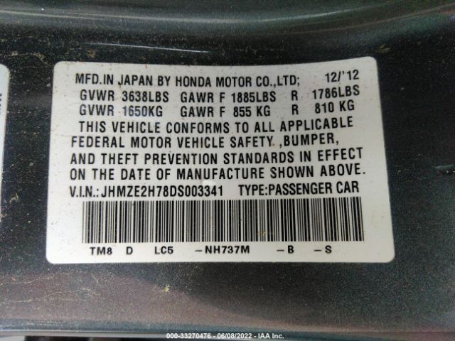 Photo 8 VIN: JHMZE2H78DS003341 - HONDA INSIGHT 