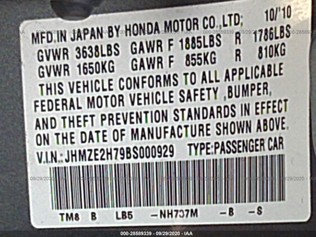 Photo 8 VIN: JHMZE2H79BS000929 - HONDA INSIGHT 