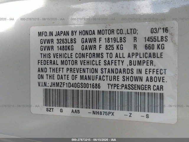 Photo 8 VIN: JHMZF1D40GS001686 - HONDA CR-Z 