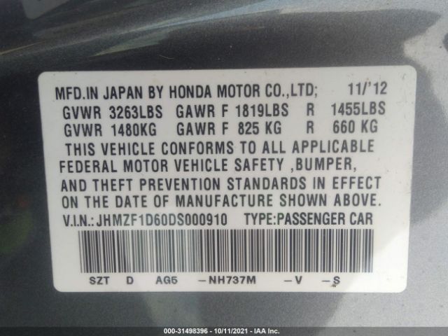 Photo 8 VIN: JHMZF1D60DS000910 - HONDA CR-Z 