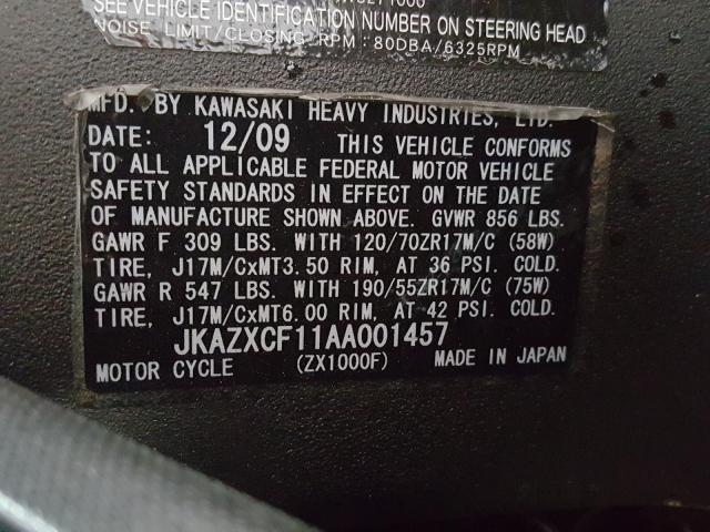 Photo 9 VIN: JKAZXCF11AA001457 - KAWASAKI ZX1000 F 