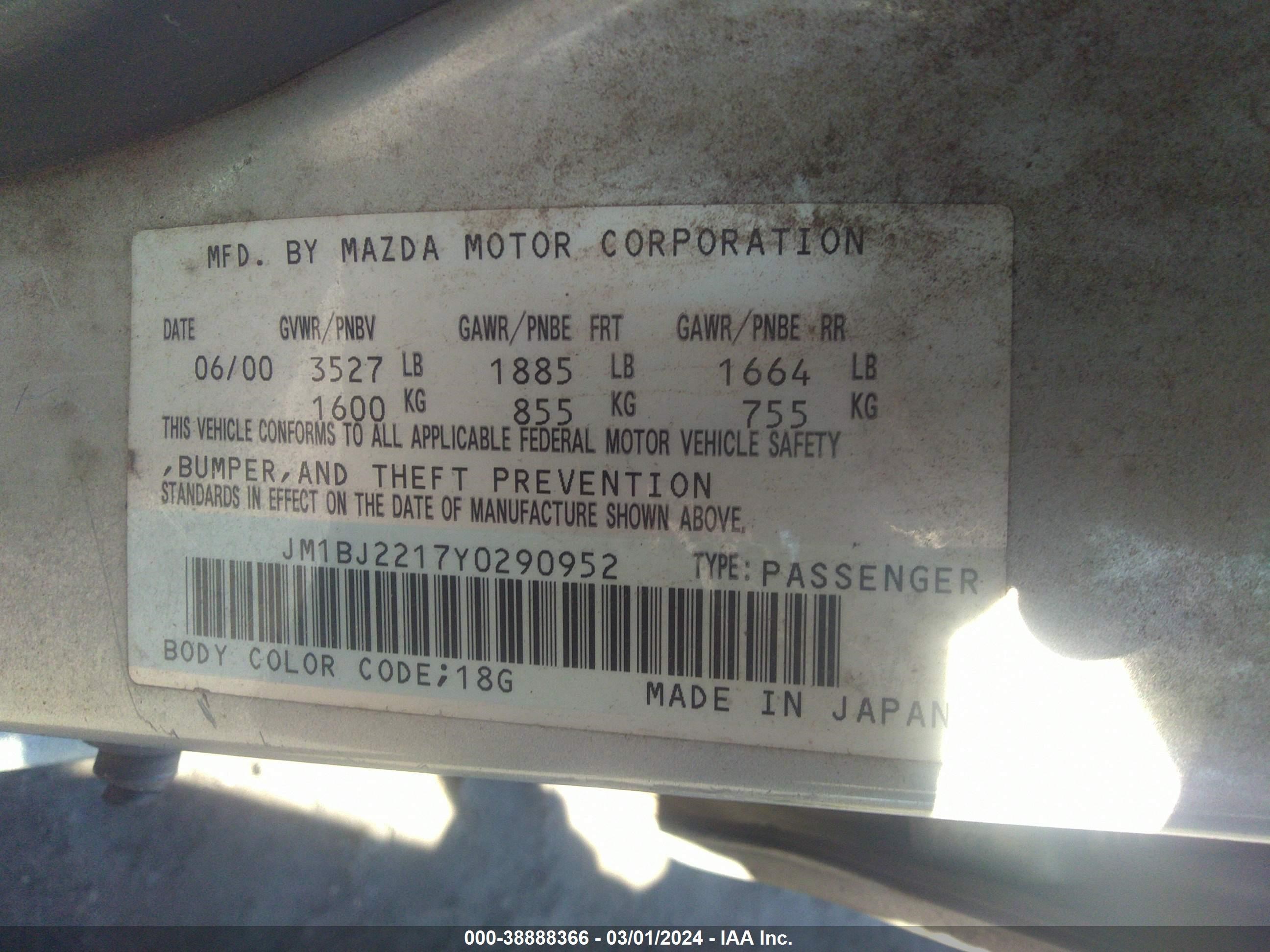 Photo 8 VIN: JM1BJ2217Y0290952 - MAZDA PROTEGE 