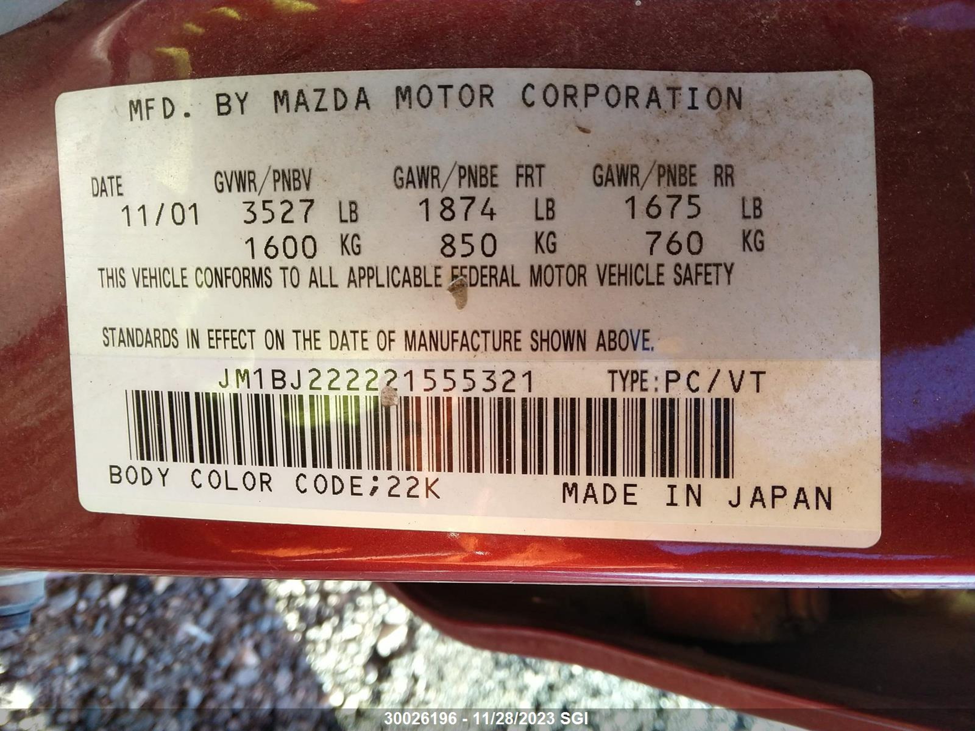 Photo 8 VIN: JM1BJ222221555321 - MAZDA PROTEGE 