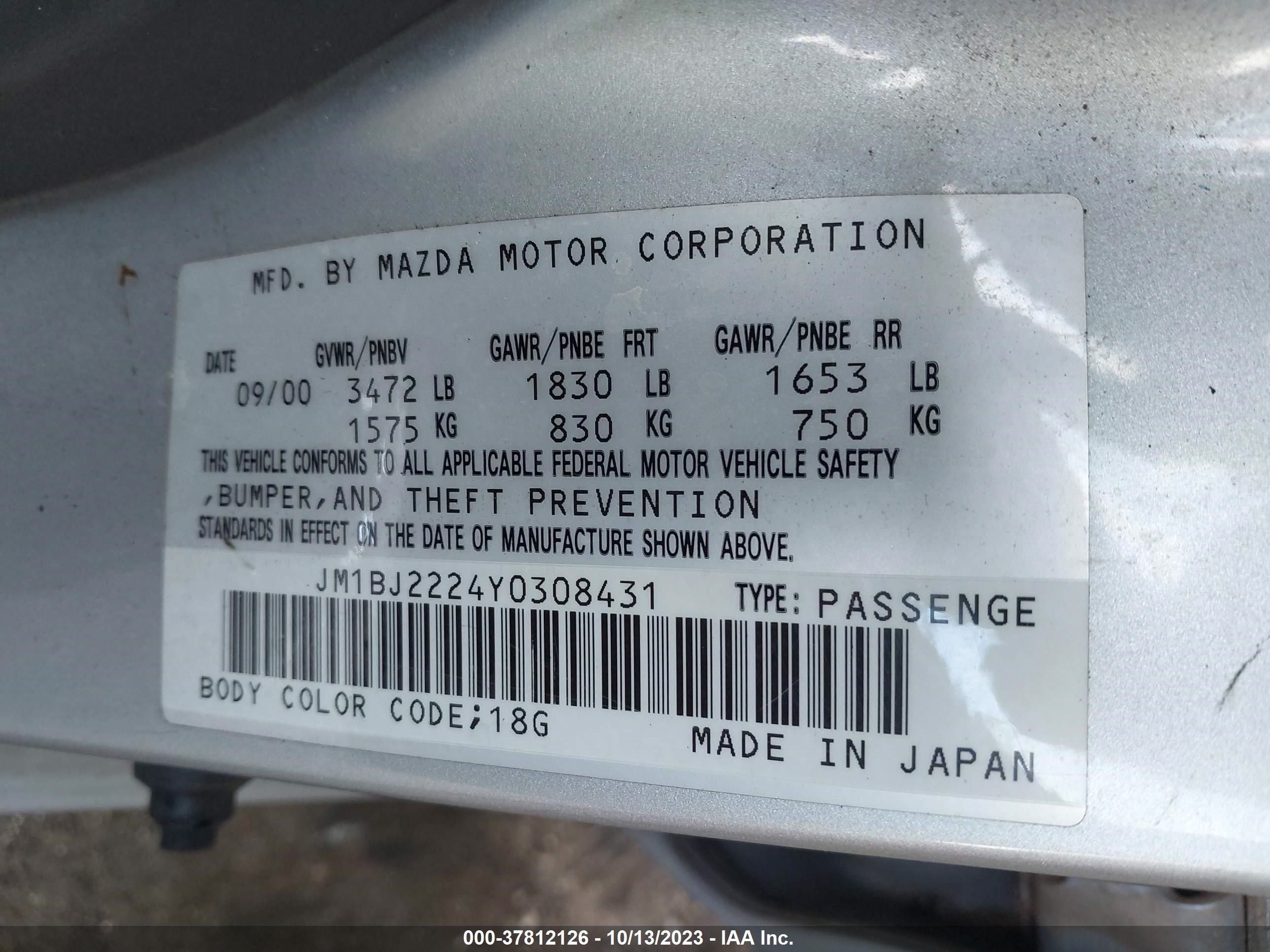 Photo 8 VIN: JM1BJ2224Y0308431 - MAZDA PROTEGE 