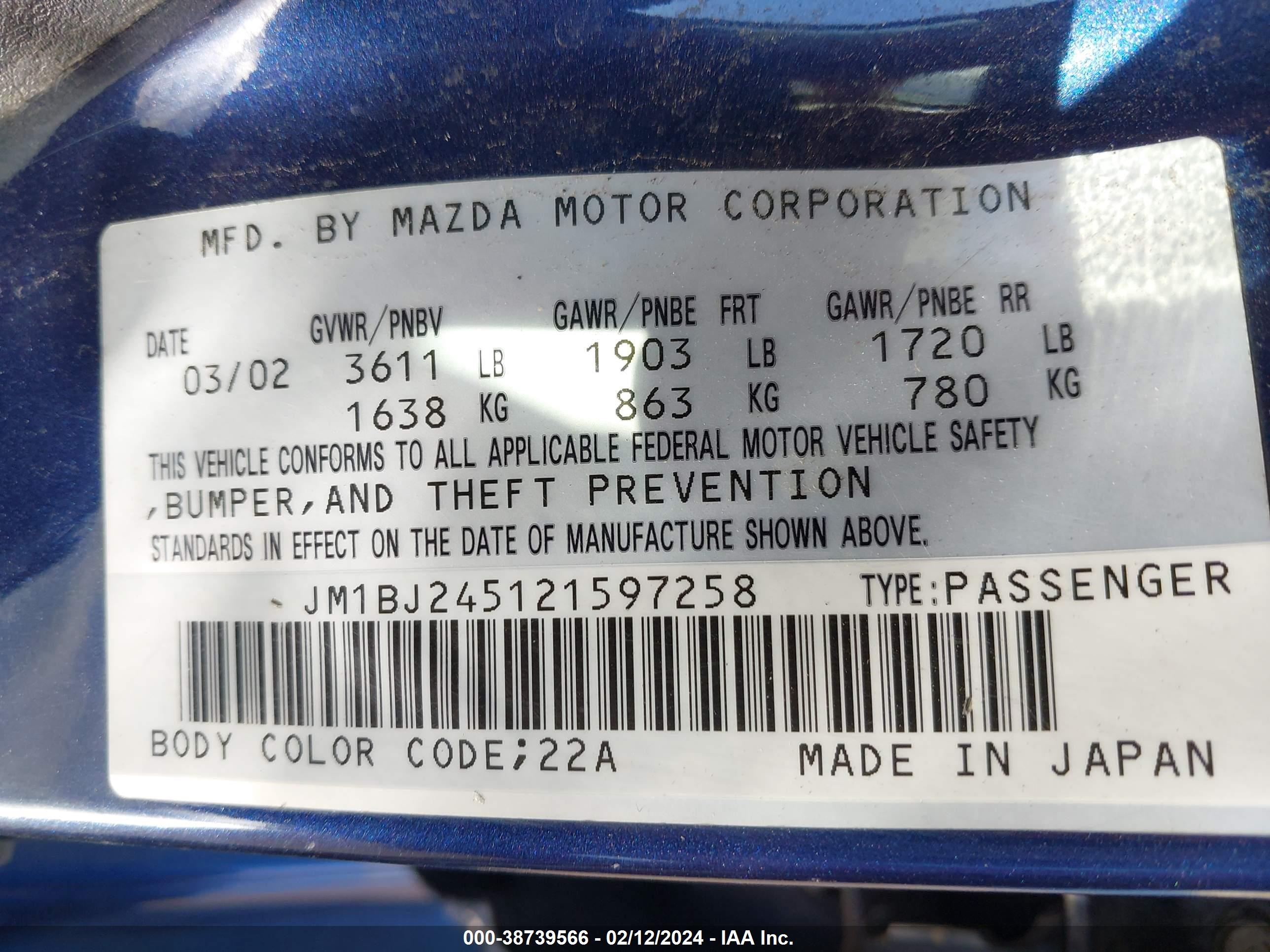 Photo 8 VIN: JM1BJ245121597258 - MAZDA NULL 