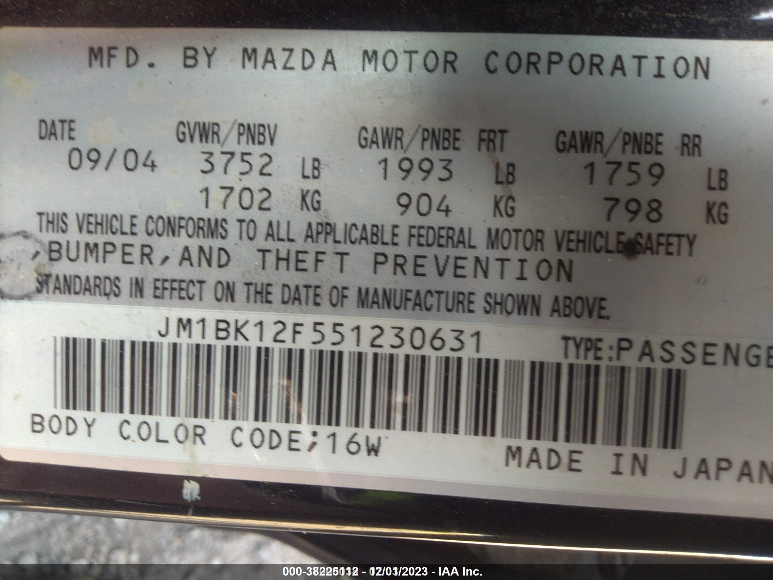 Photo 8 VIN: JM1BK12F551230631 - MAZDA 3 