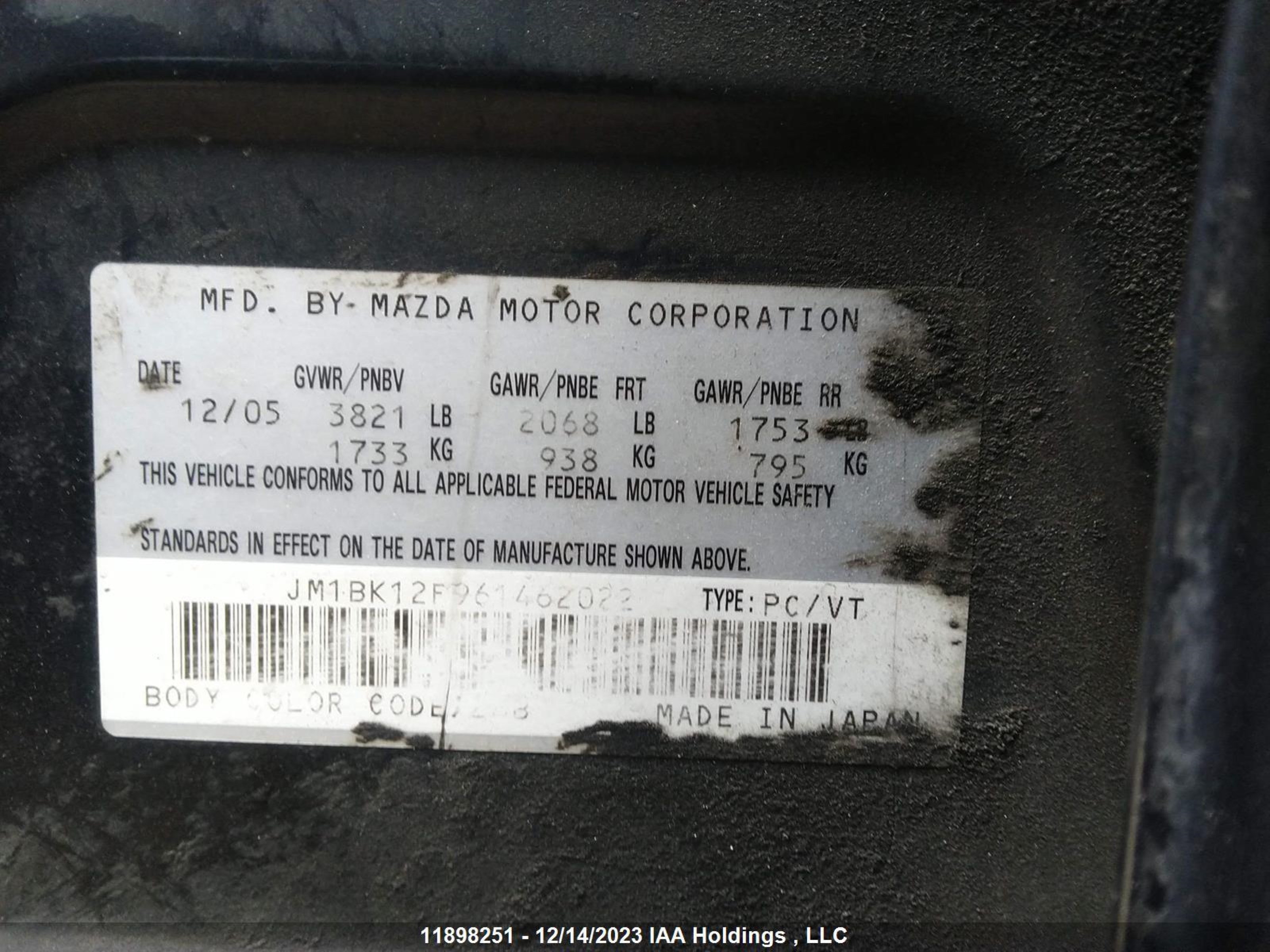 Photo 8 VIN: JM1BK12F961462022 - MAZDA 3 