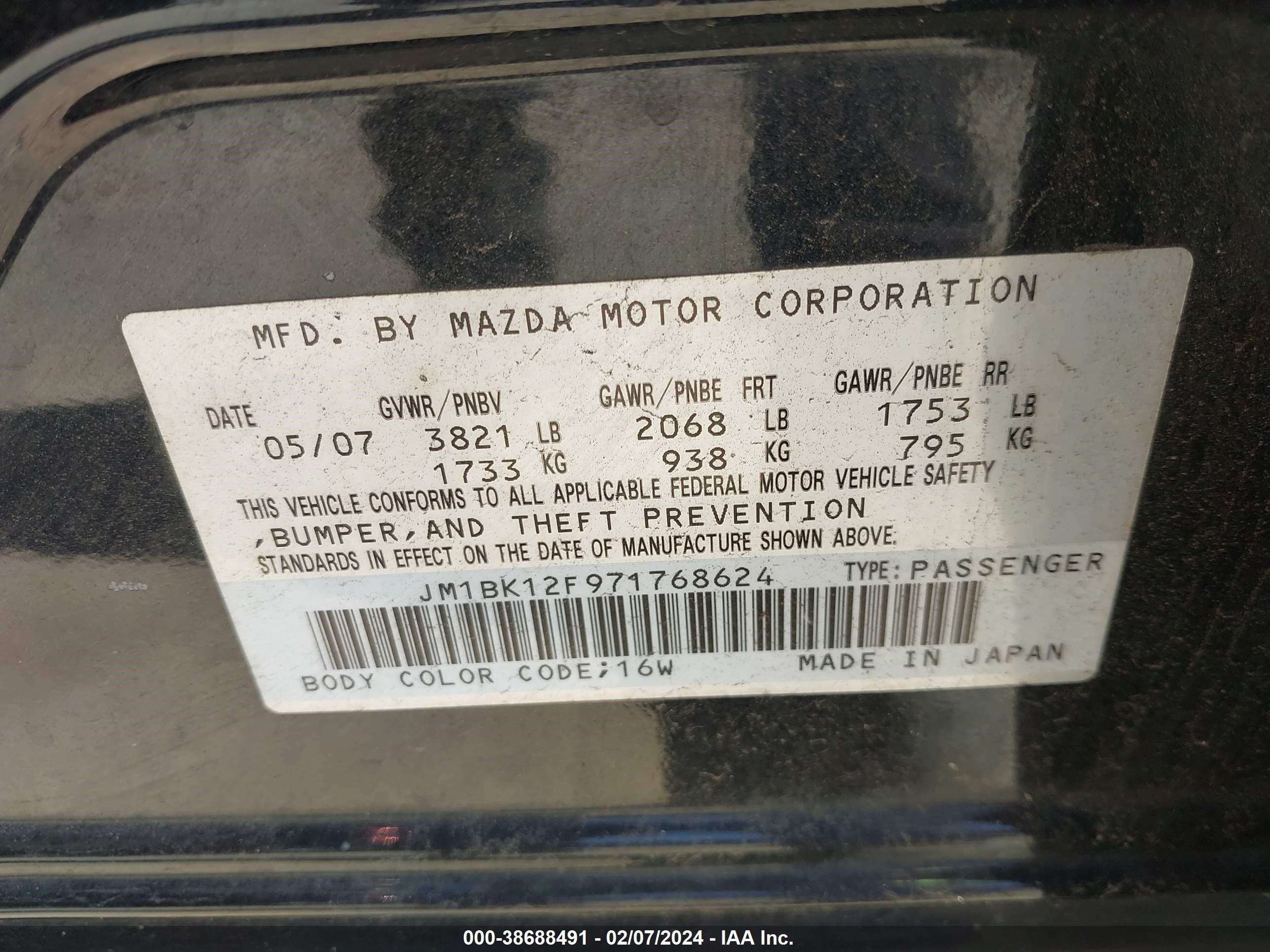 Photo 8 VIN: JM1BK12F971768624 - MAZDA 3 