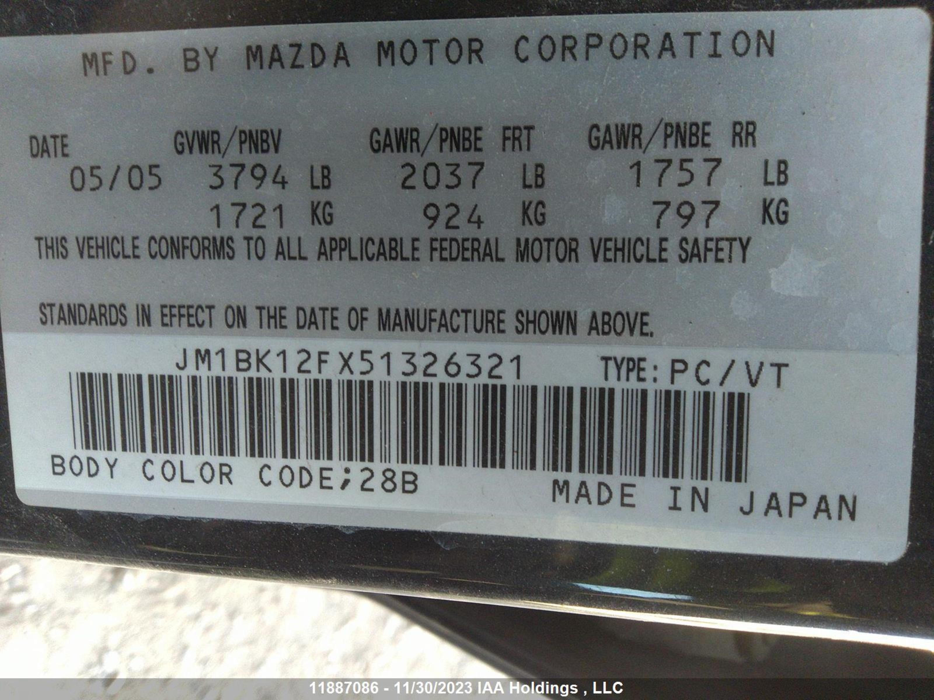 Photo 8 VIN: JM1BK12FX51326321 - MAZDA 3 