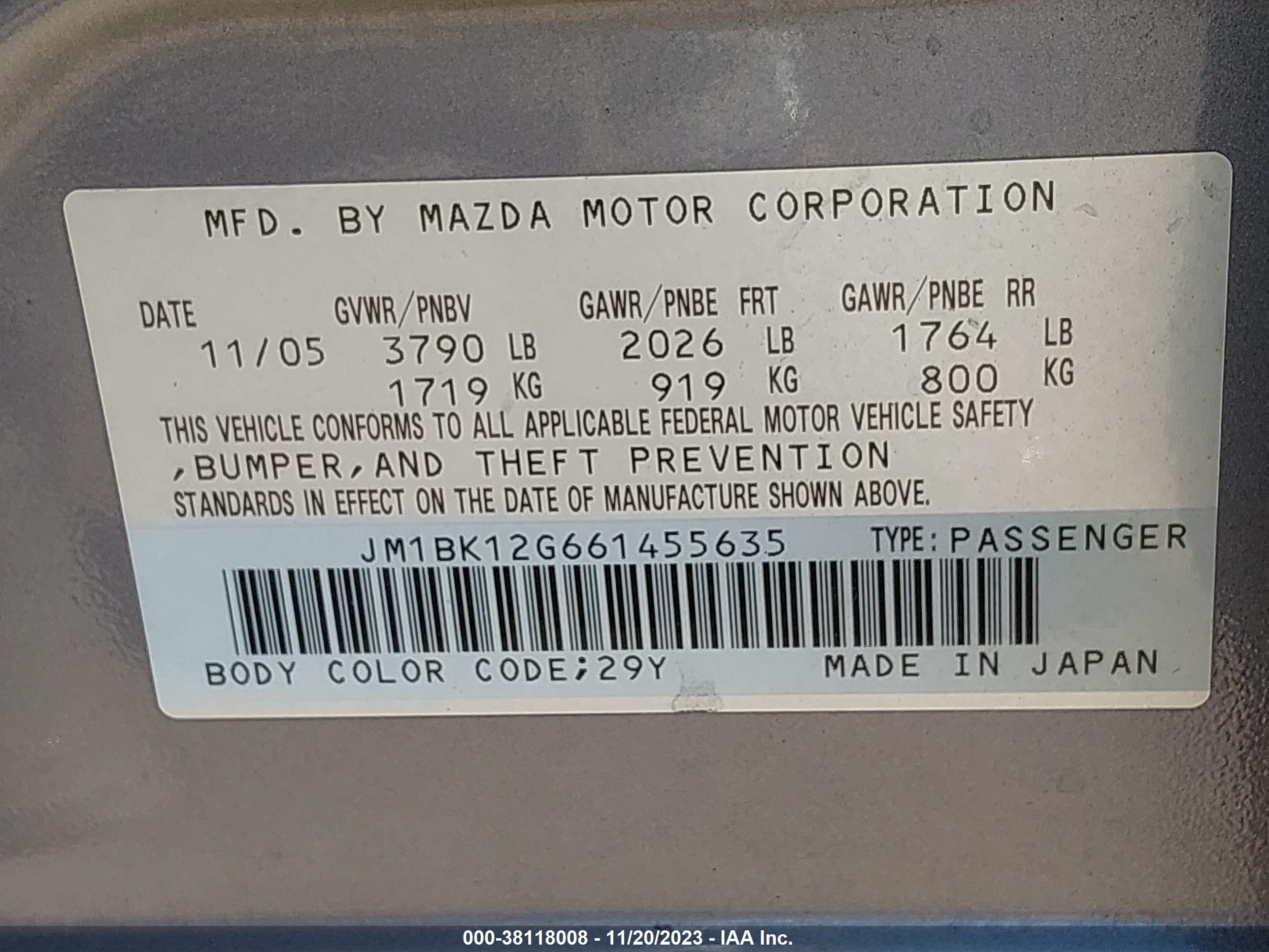 Photo 8 VIN: JM1BK12G661455635 - MAZDA 3 