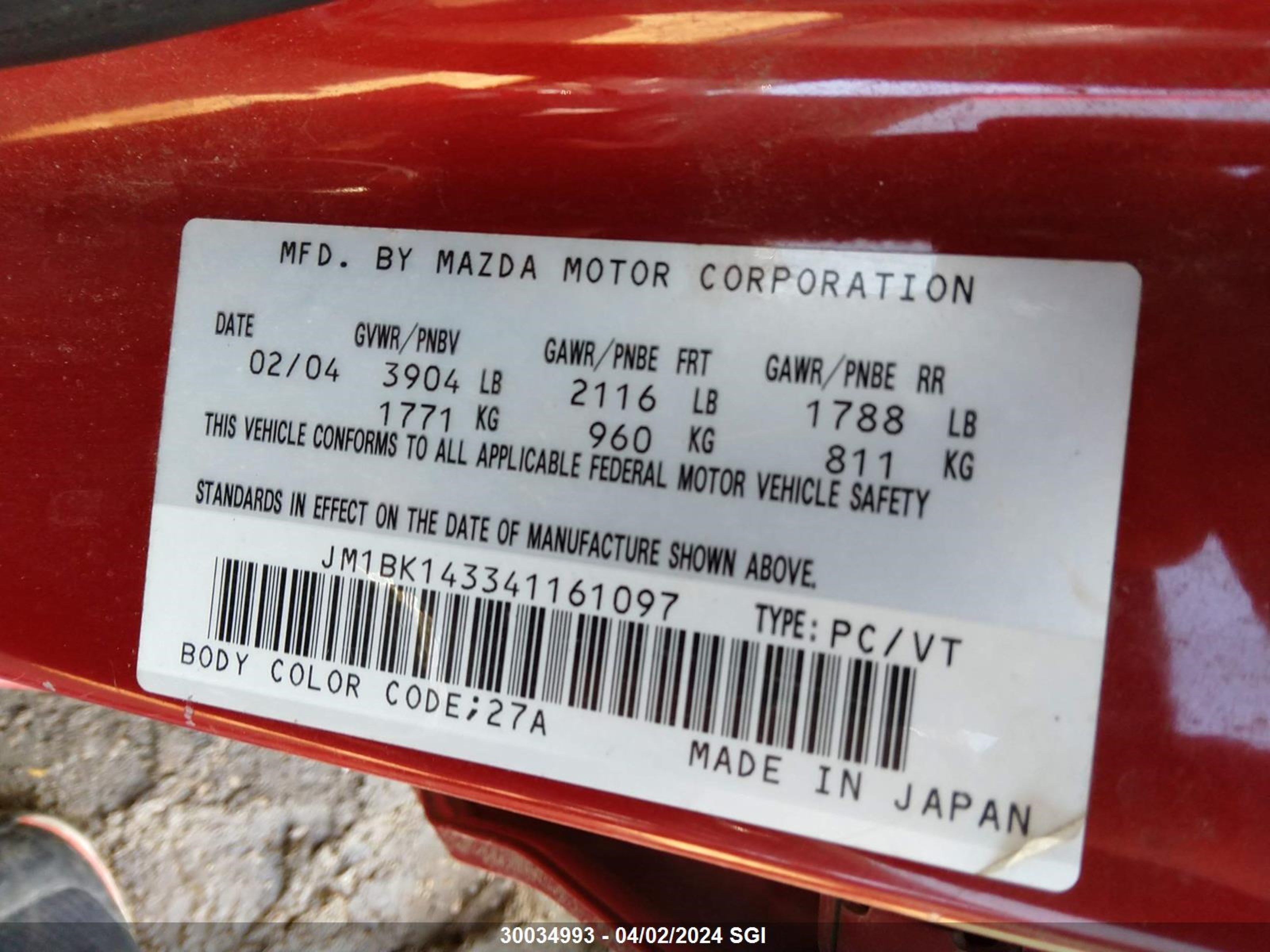 Photo 8 VIN: JM1BK143341161097 - MAZDA 3 