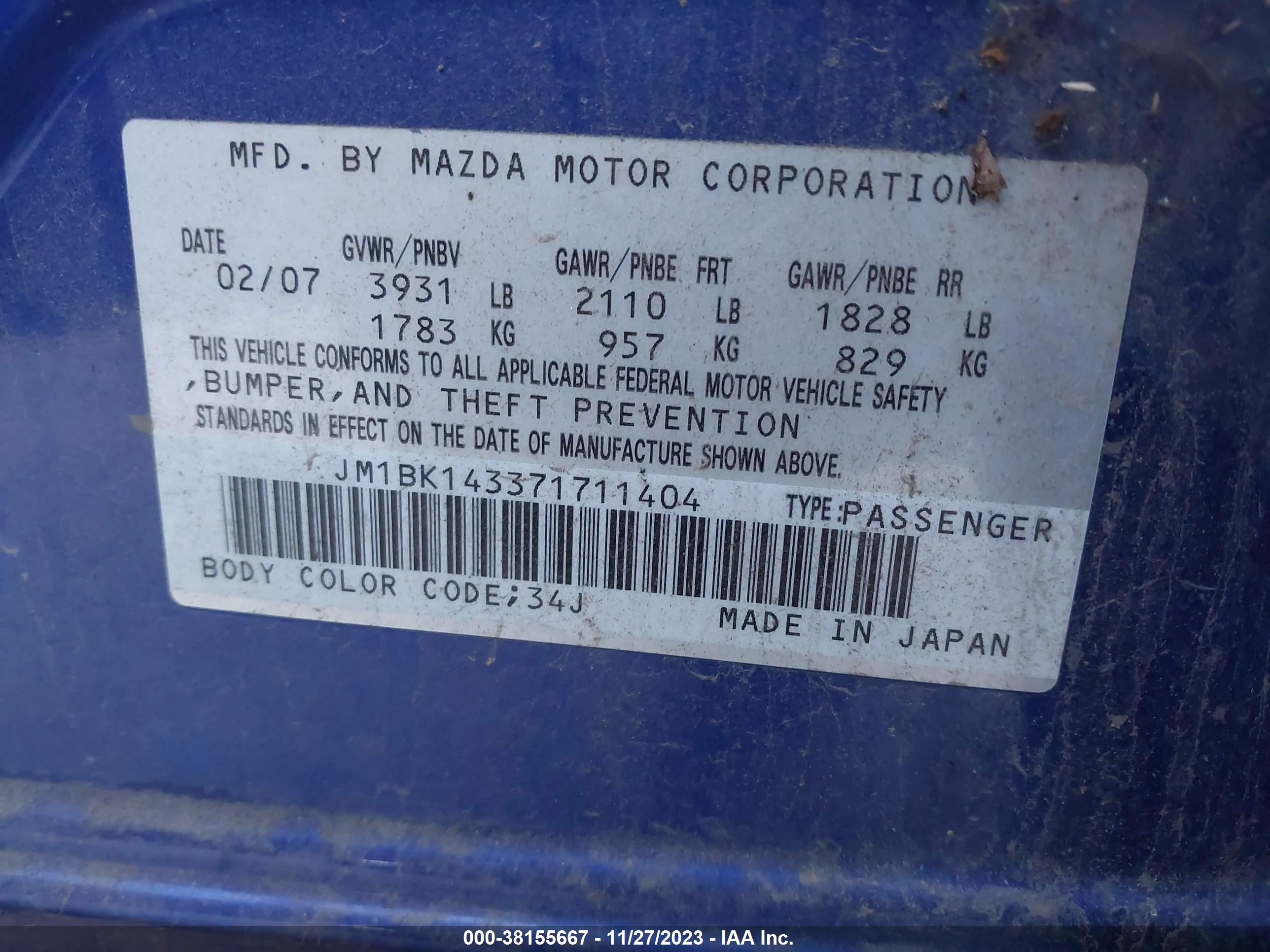 Photo 8 VIN: JM1BK143371711404 - MAZDA 3 