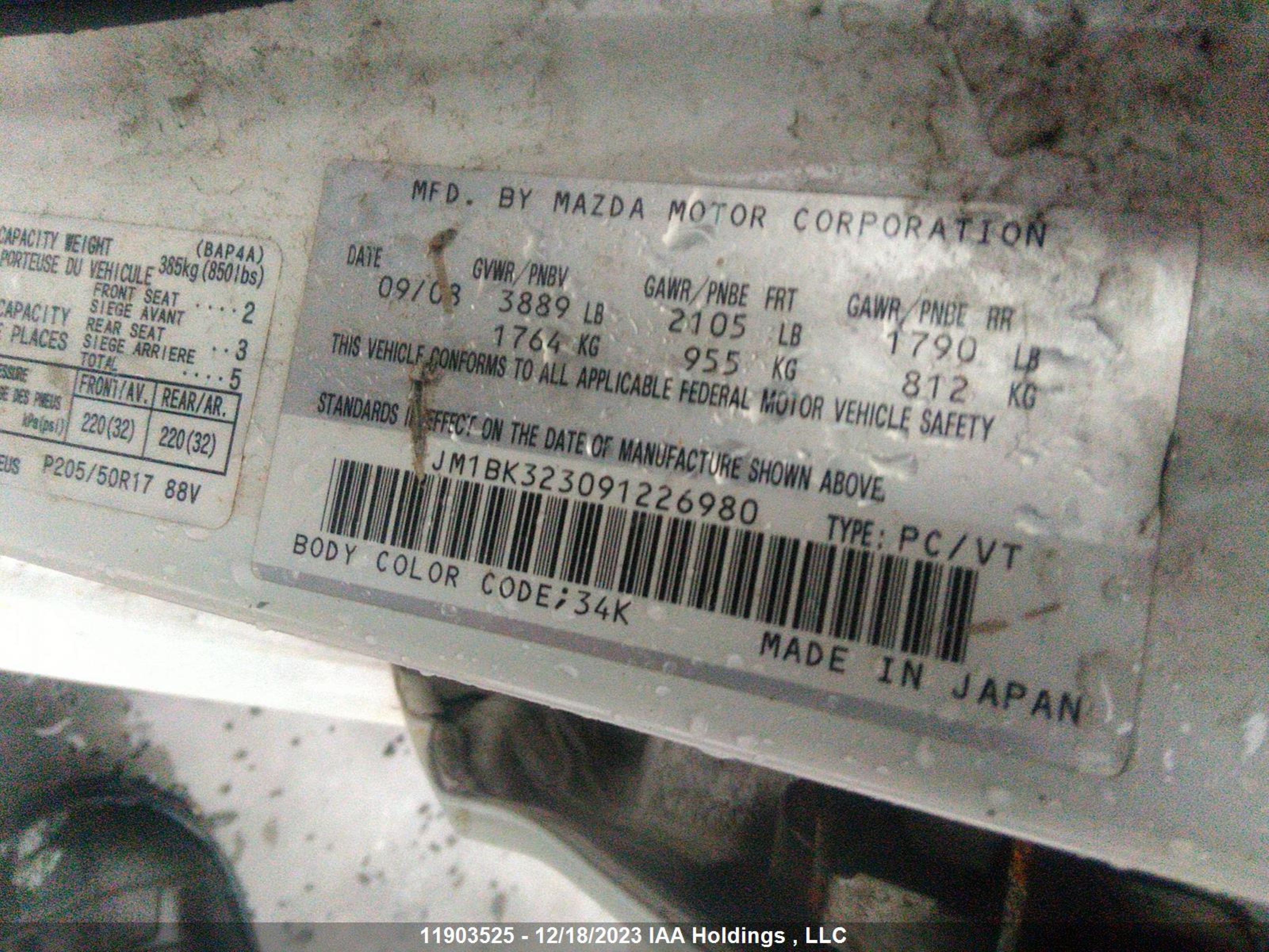 Photo 8 VIN: JM1BK323091226980 - MAZDA 3 