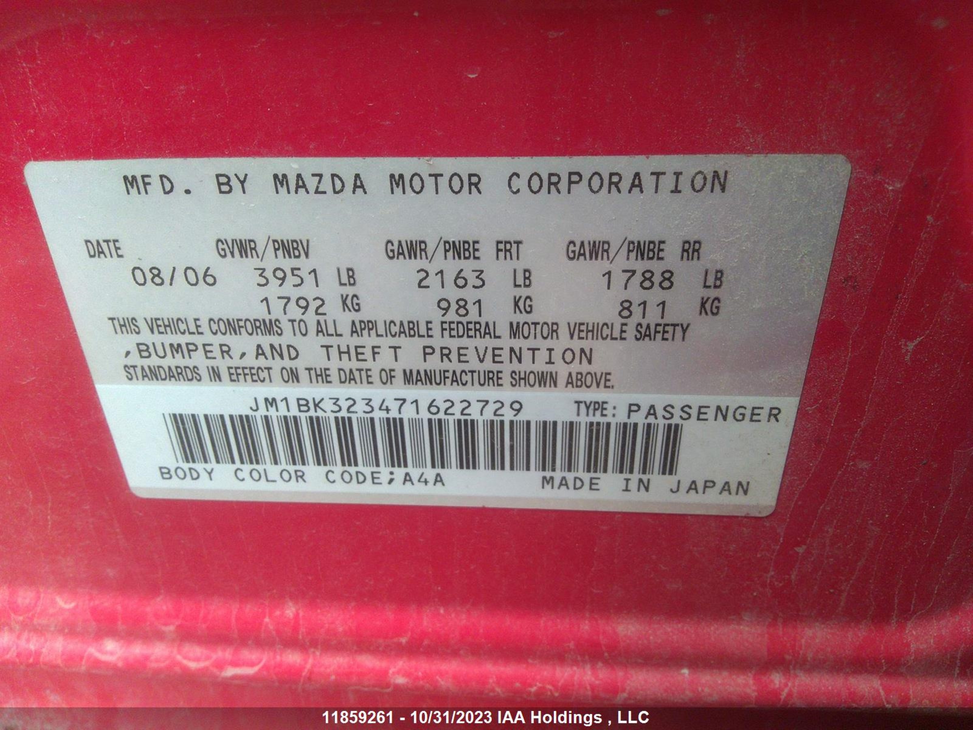 Photo 8 VIN: JM1BK323471622729 - MAZDA 3 