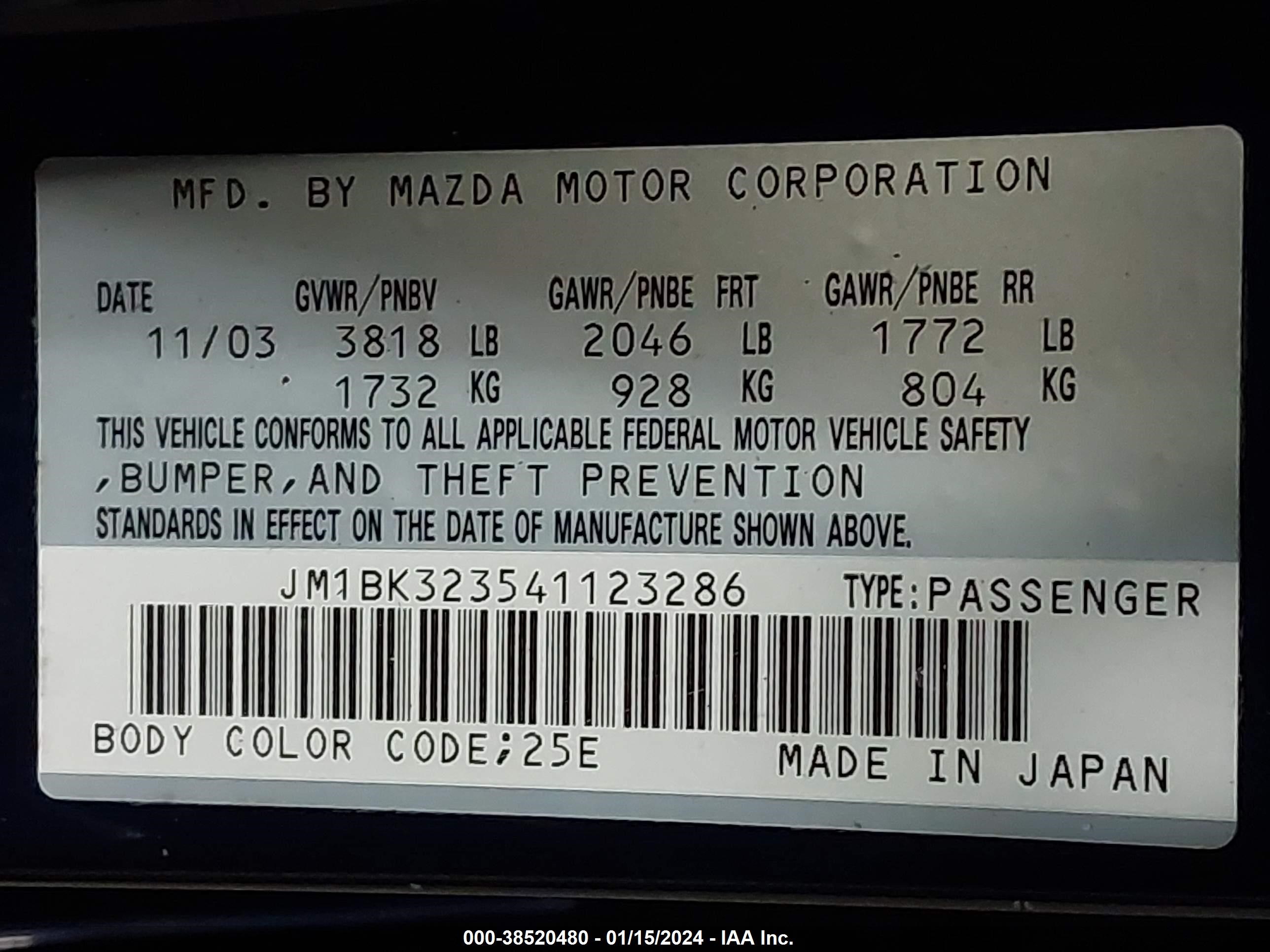 Photo 8 VIN: JM1BK323541123286 - MAZDA 3 