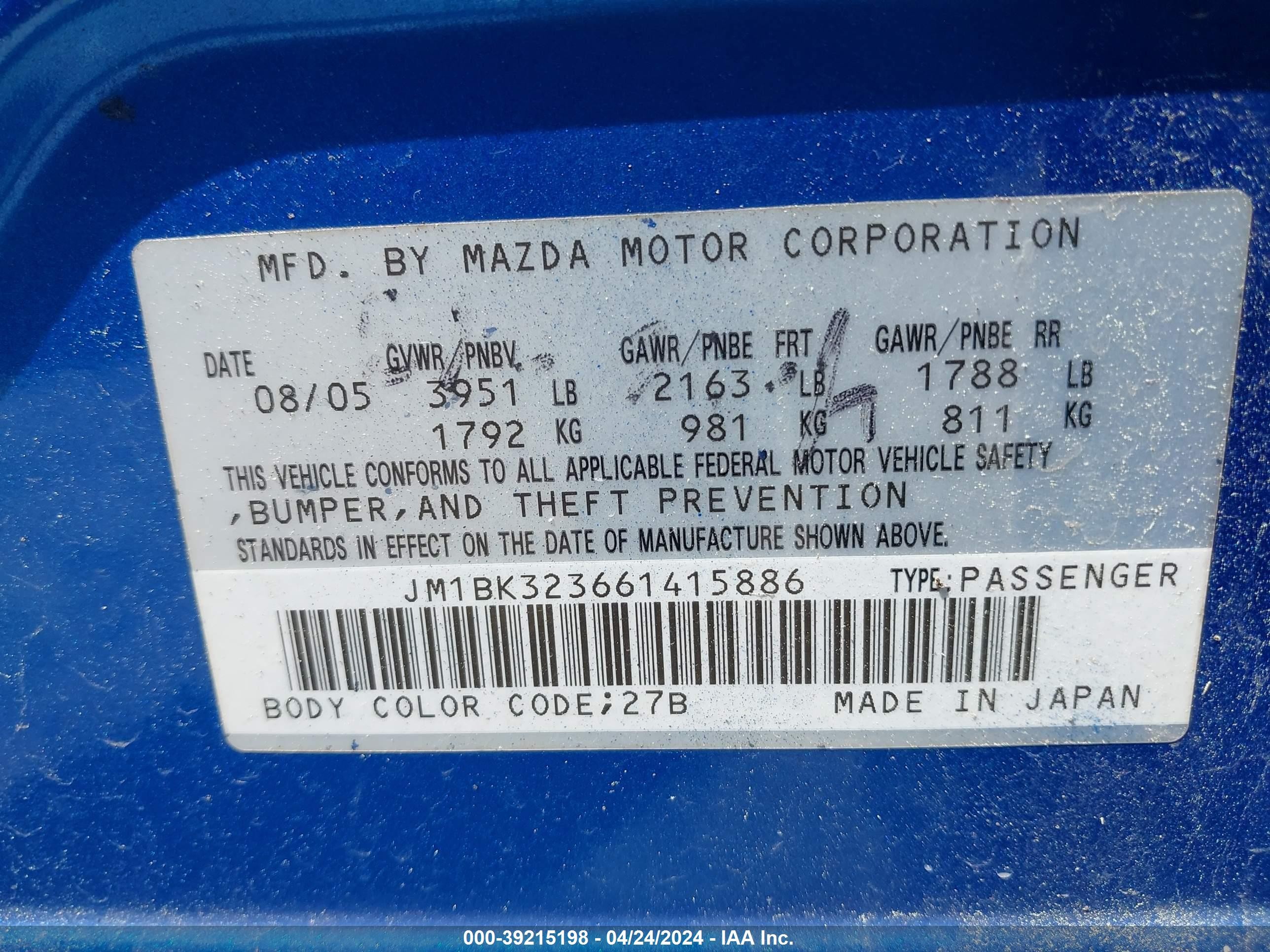 Photo 8 VIN: JM1BK323661415886 - MAZDA 3 