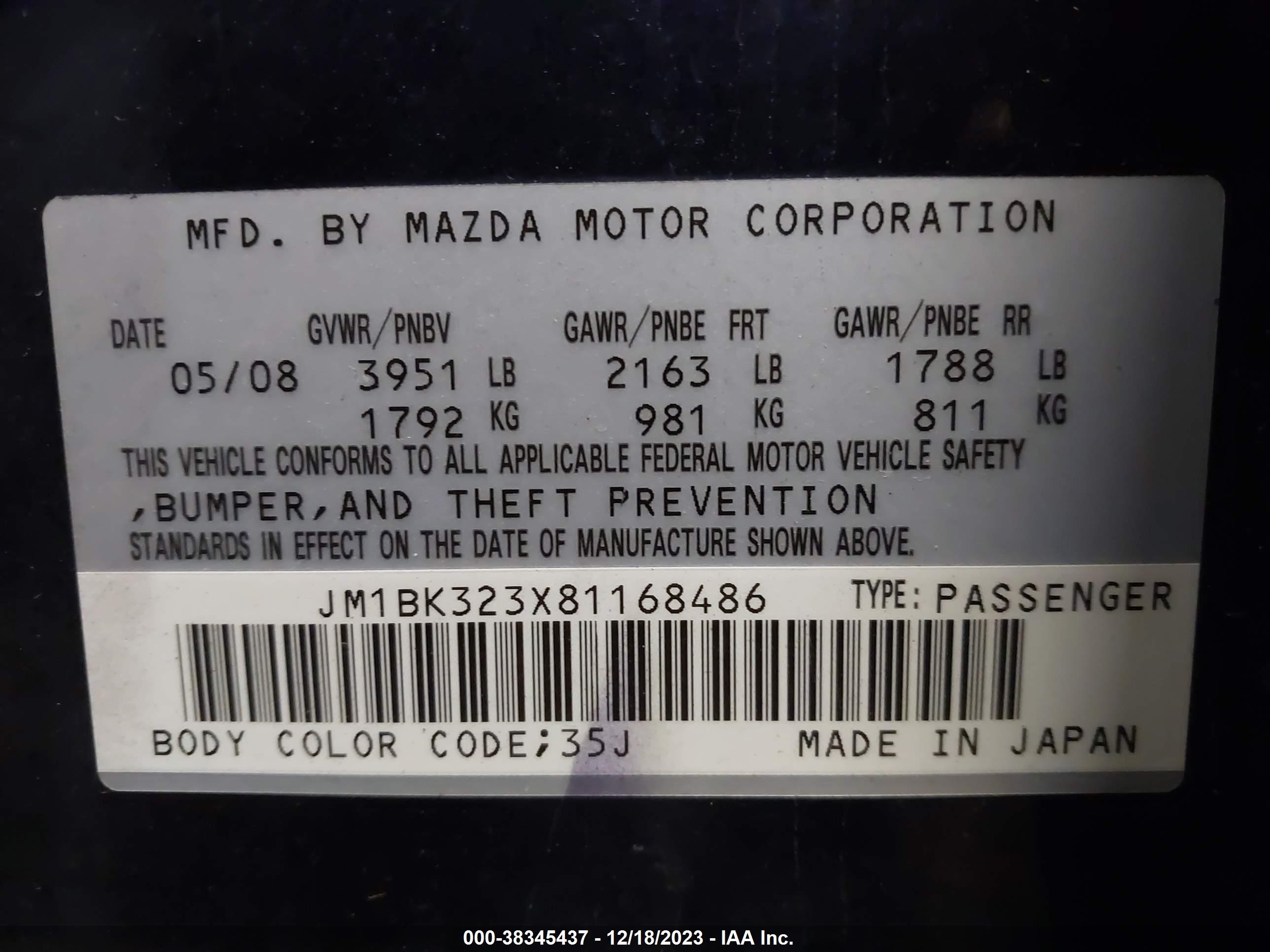 Photo 8 VIN: JM1BK323X81168486 - MAZDA 3 