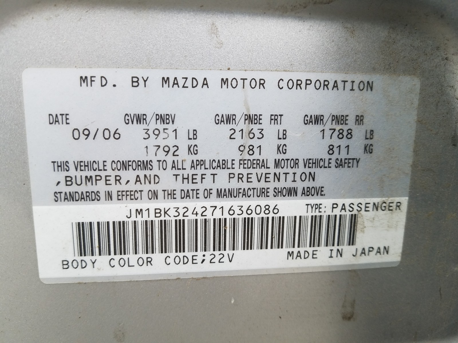 Photo 9 VIN: JM1BK324271636086 - MAZDA 3 S 