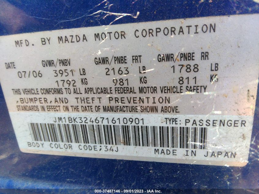 Photo 8 VIN: JM1BK324671610901 - MAZDA 3 