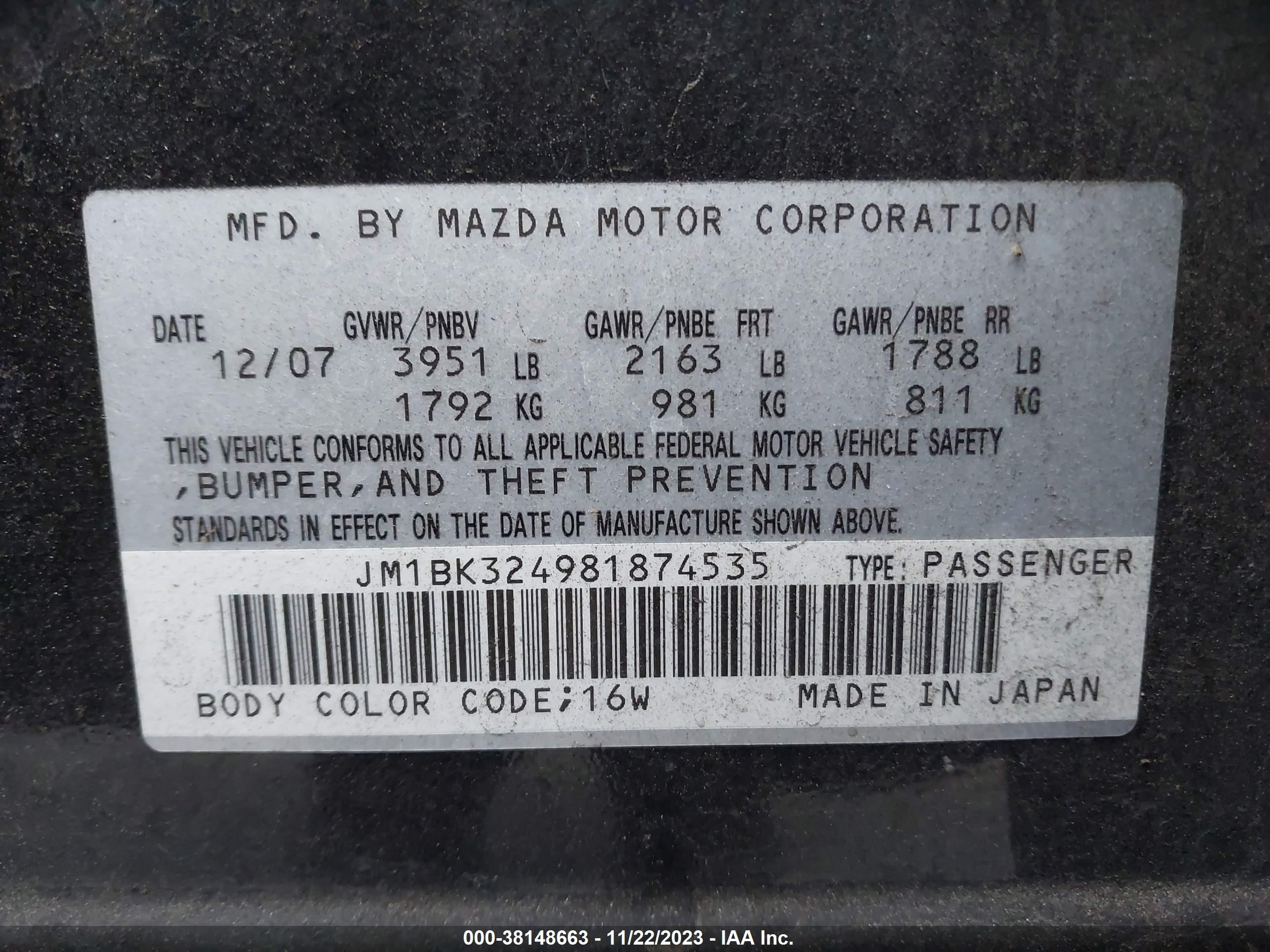 Photo 8 VIN: JM1BK324981874535 - MAZDA 3 