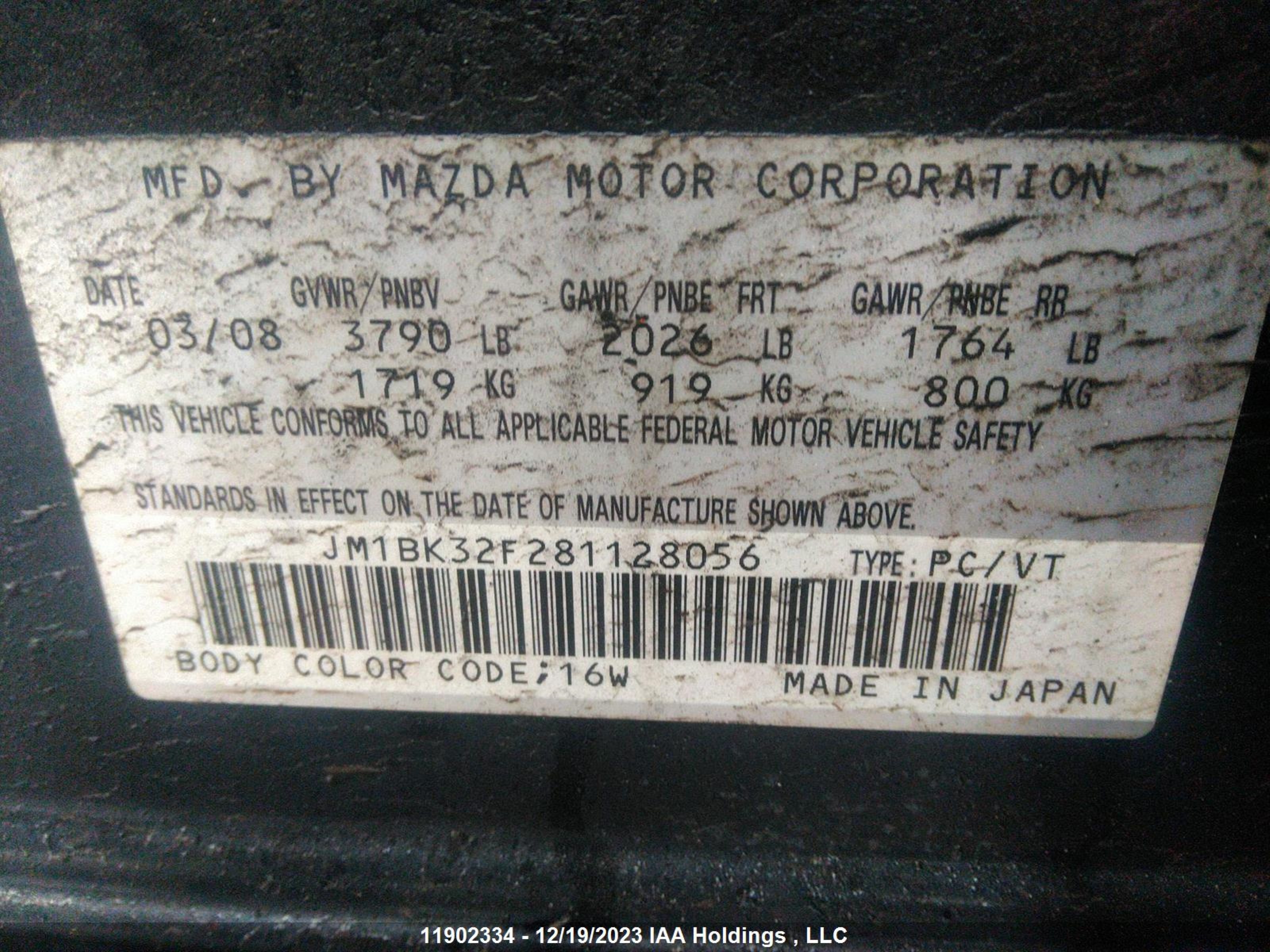 Photo 8 VIN: JM1BK32F281128056 - MAZDA 3 