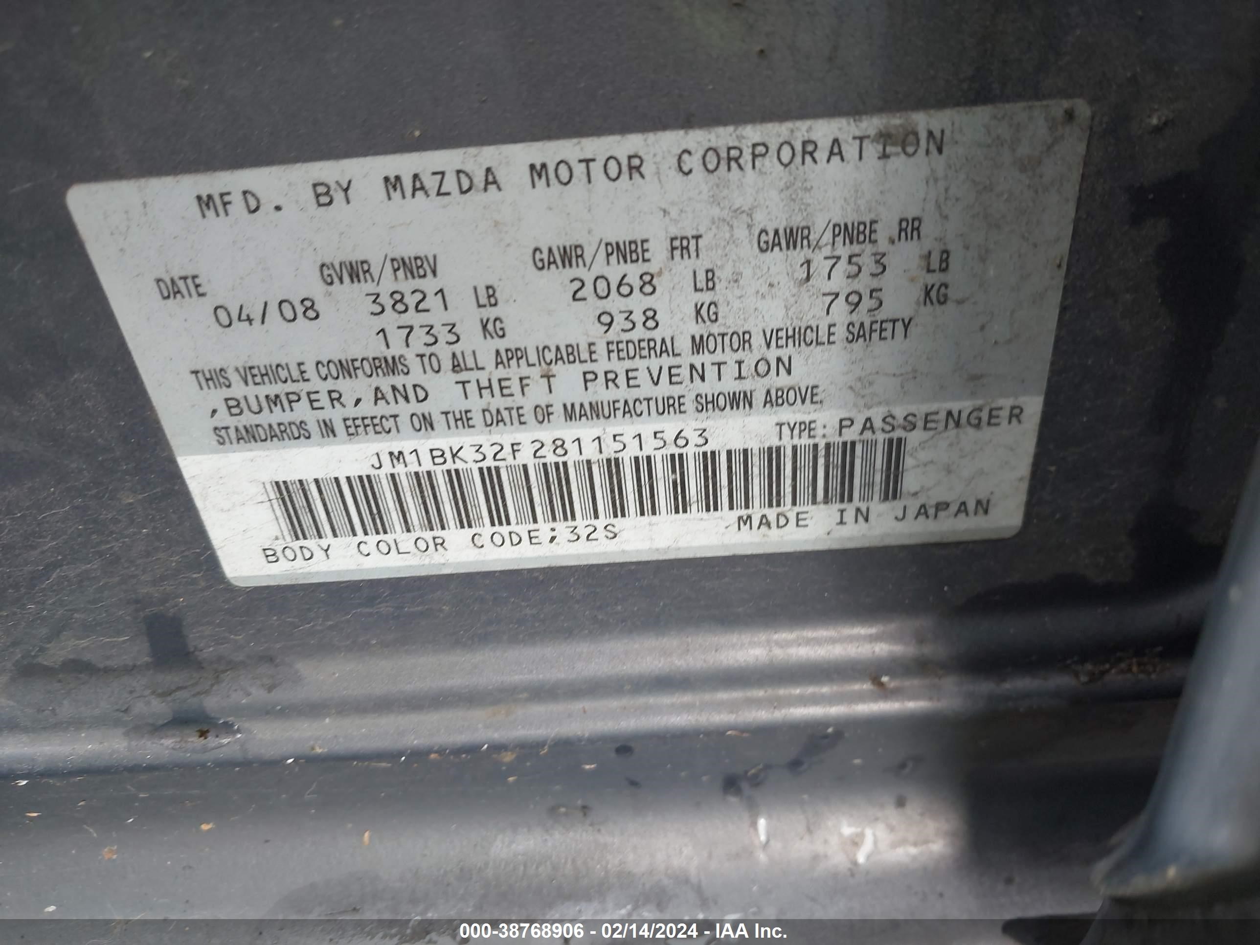 Photo 8 VIN: JM1BK32F281151563 - MAZDA 3 