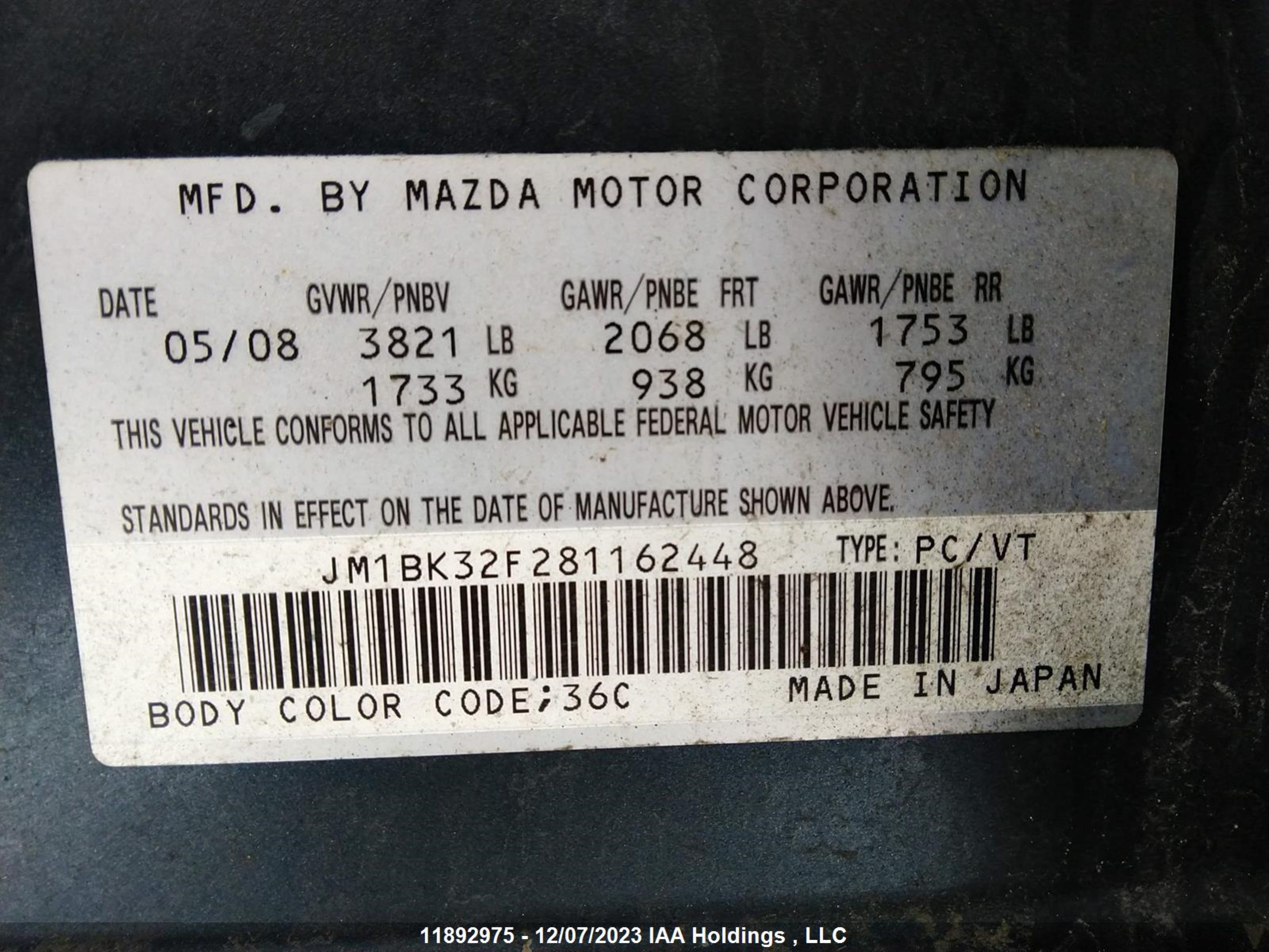 Photo 8 VIN: JM1BK32F281162448 - MAZDA 3 