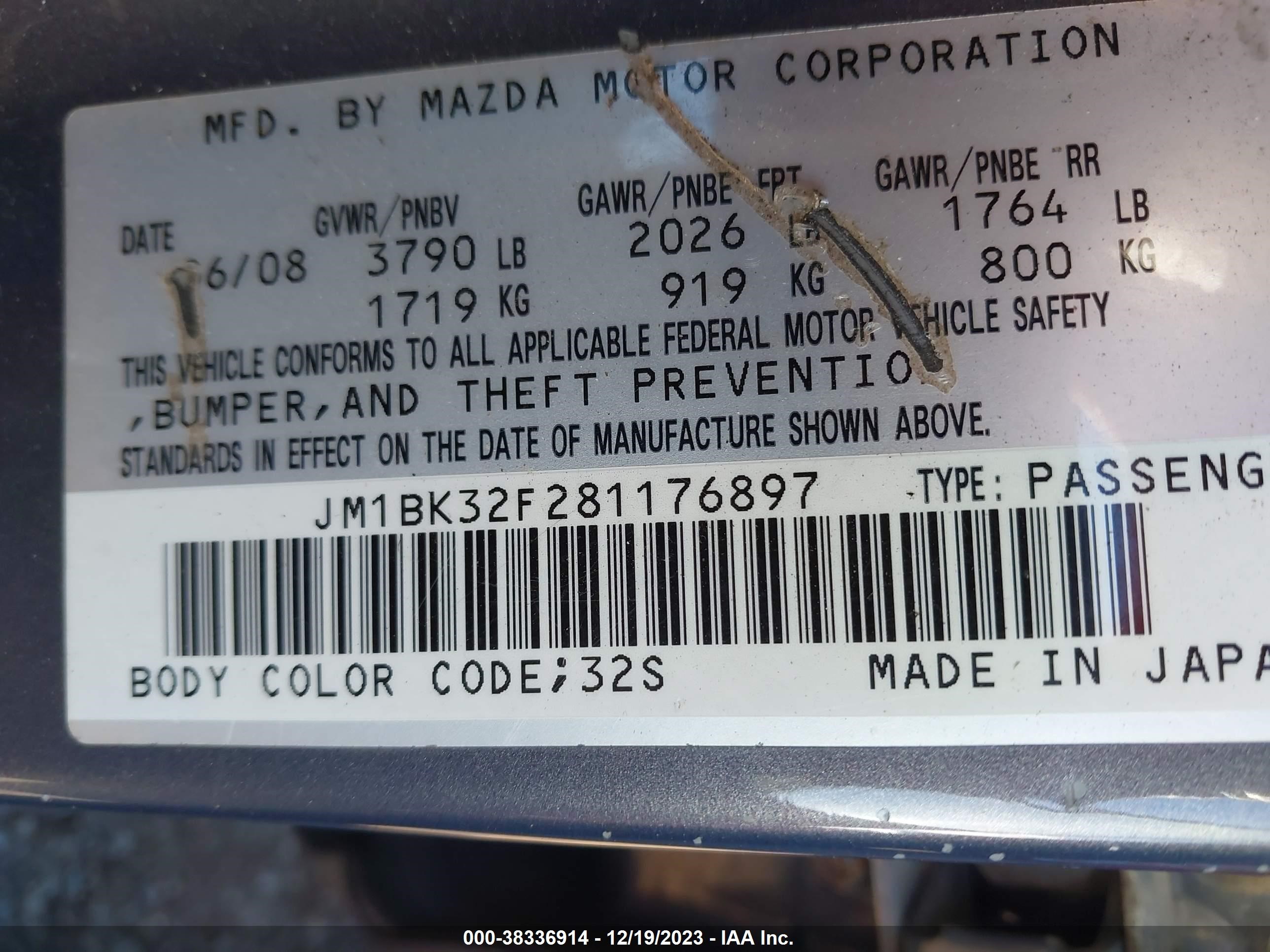 Photo 8 VIN: JM1BK32F281176897 - MAZDA 3 