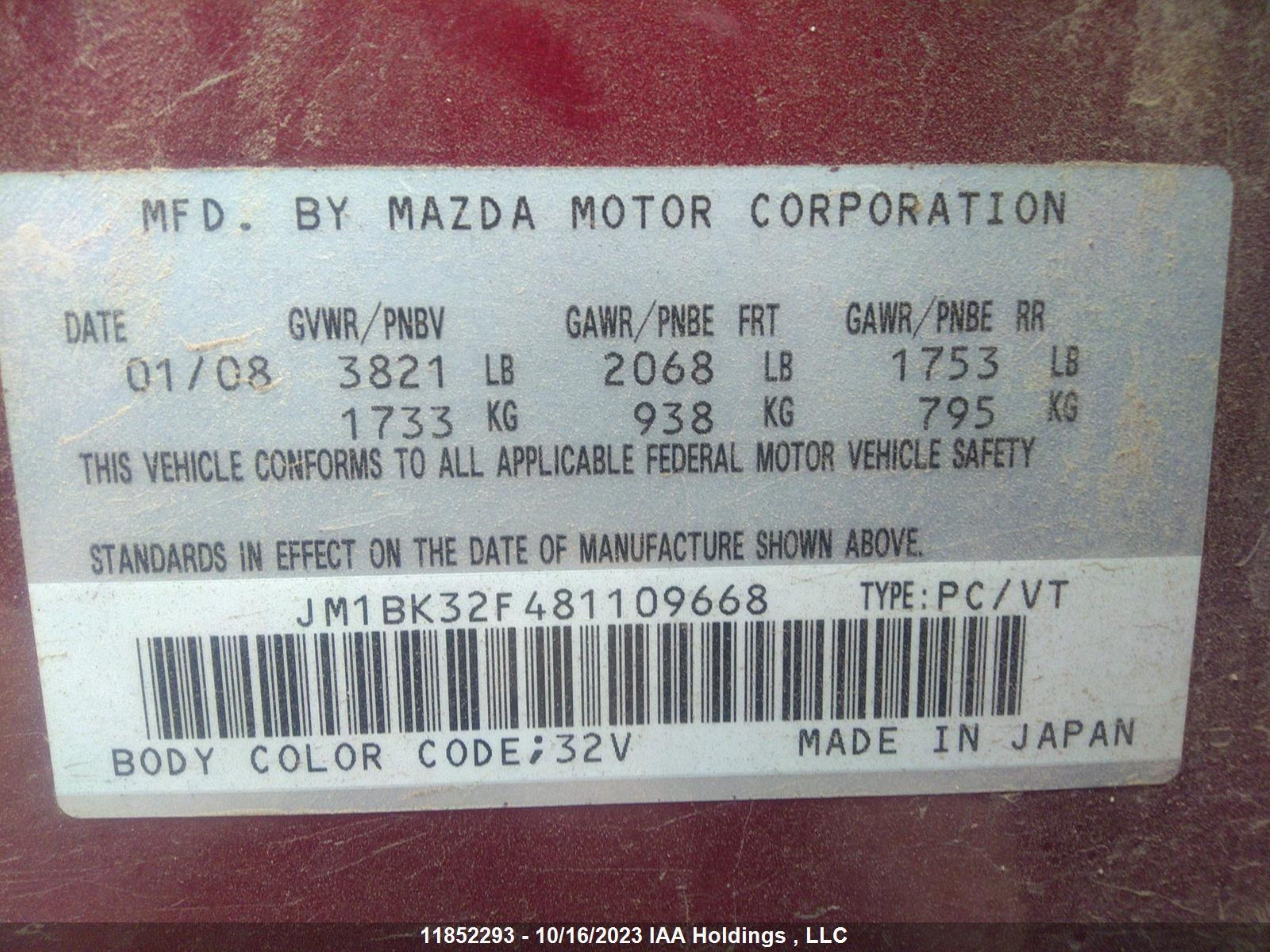 Photo 8 VIN: JM1BK32F481109668 - MAZDA 3 