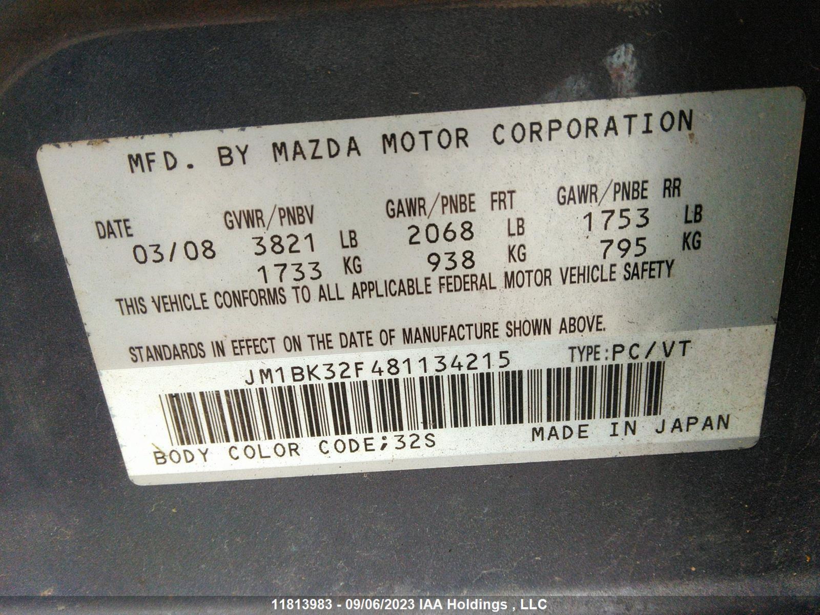 Photo 9 VIN: JM1BK32F481134215 - MAZDA 3 